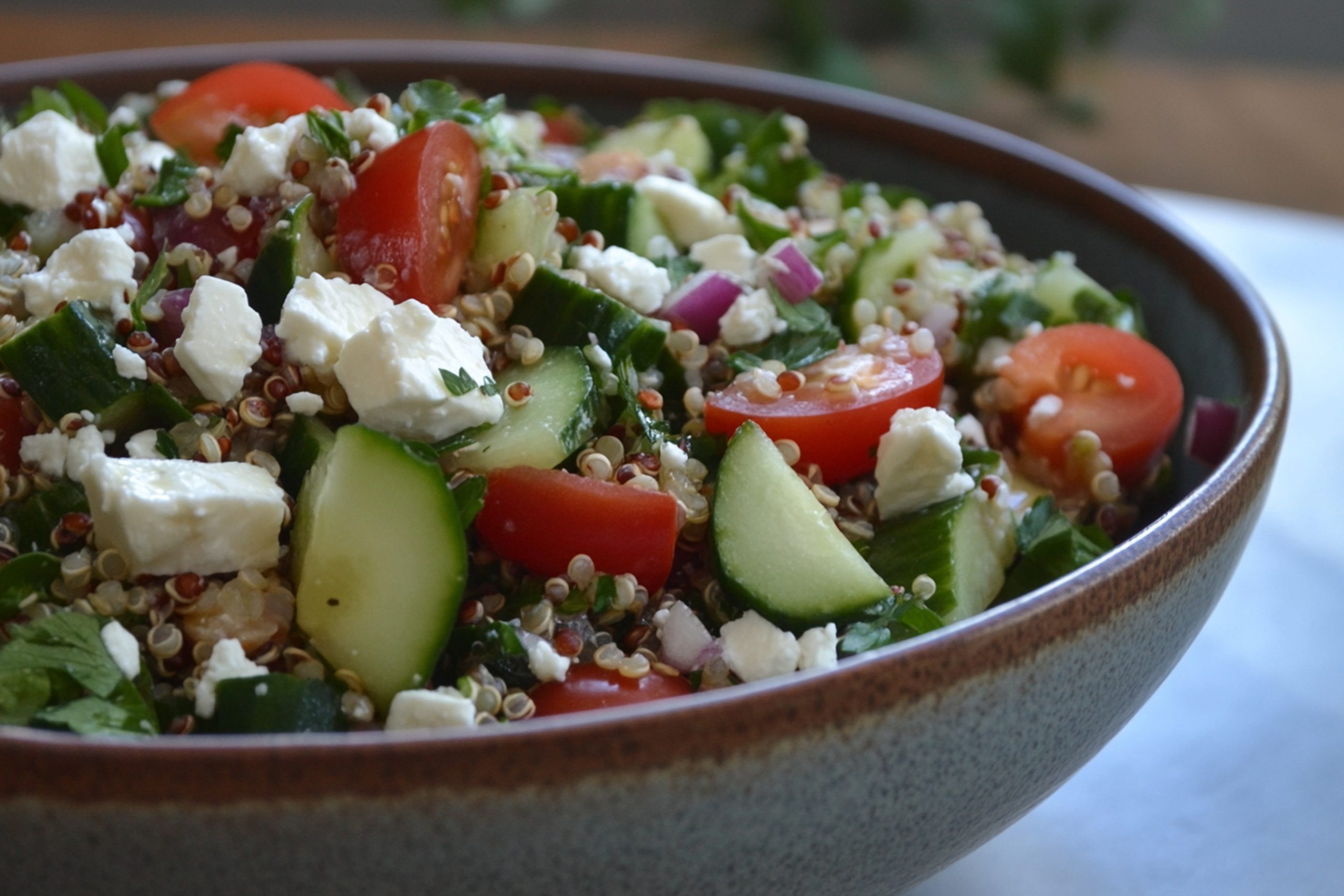 Lire la suite à propos de l’article Salade quinoa à la feta : Recette simple pour un repas léger