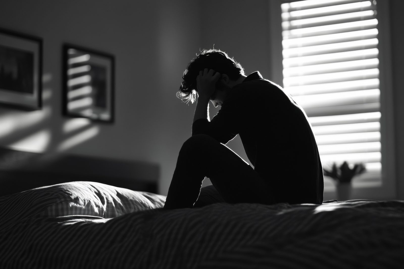 Un homme dépressif, stressé et anxieux assis sur son lit