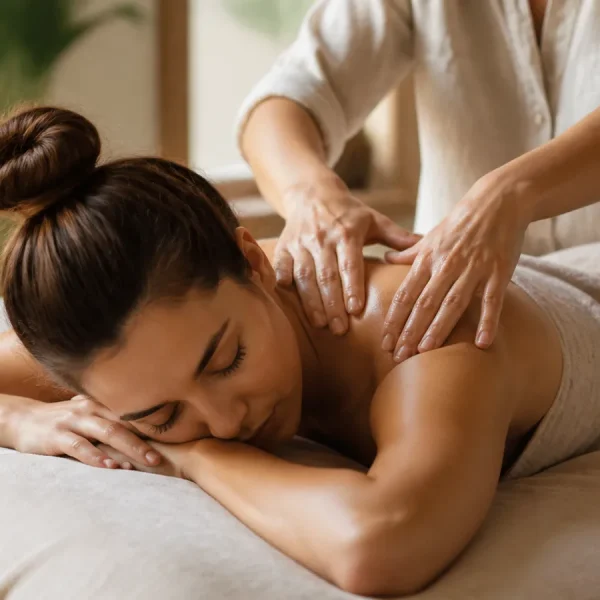 Massage relaxant du haut du dos dans une pièce calme et lumineuse