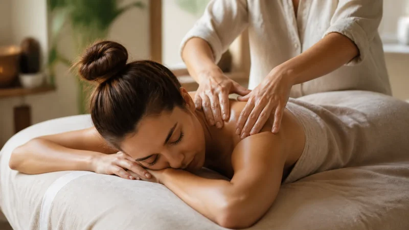 Massage relaxant du haut du dos dans une pièce calme et lumineuse