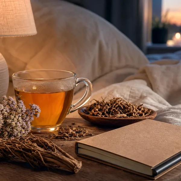 Tisane du soir, racines de valériane et carnet près du lit