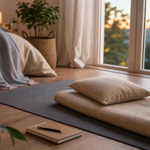 Espace calme avec tapis, coussin et couverture pour pratiquer le Yoga Nidra avant de dormir